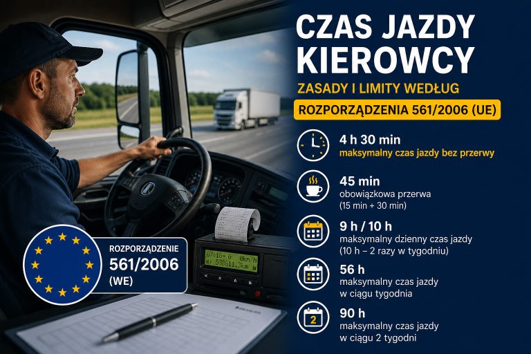 Kierowca ciężarówki podczas jazdy oraz infografika przedstawiająca czas jazdy kierowcy zgodnie z Rozporządzeniem 561/2006 – limity i przerwy