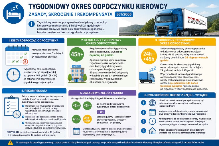 Tygodniowy okres odpoczynku kierowcy – 45h, skrócony 24h, rekompensata i zasady 561/2006